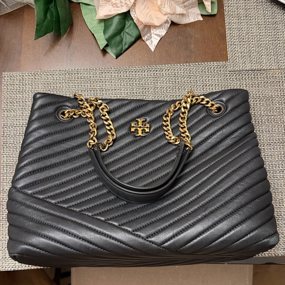 Tory Burch Kira Chevron Black Quilted Shoulder Bag with Gold Chain